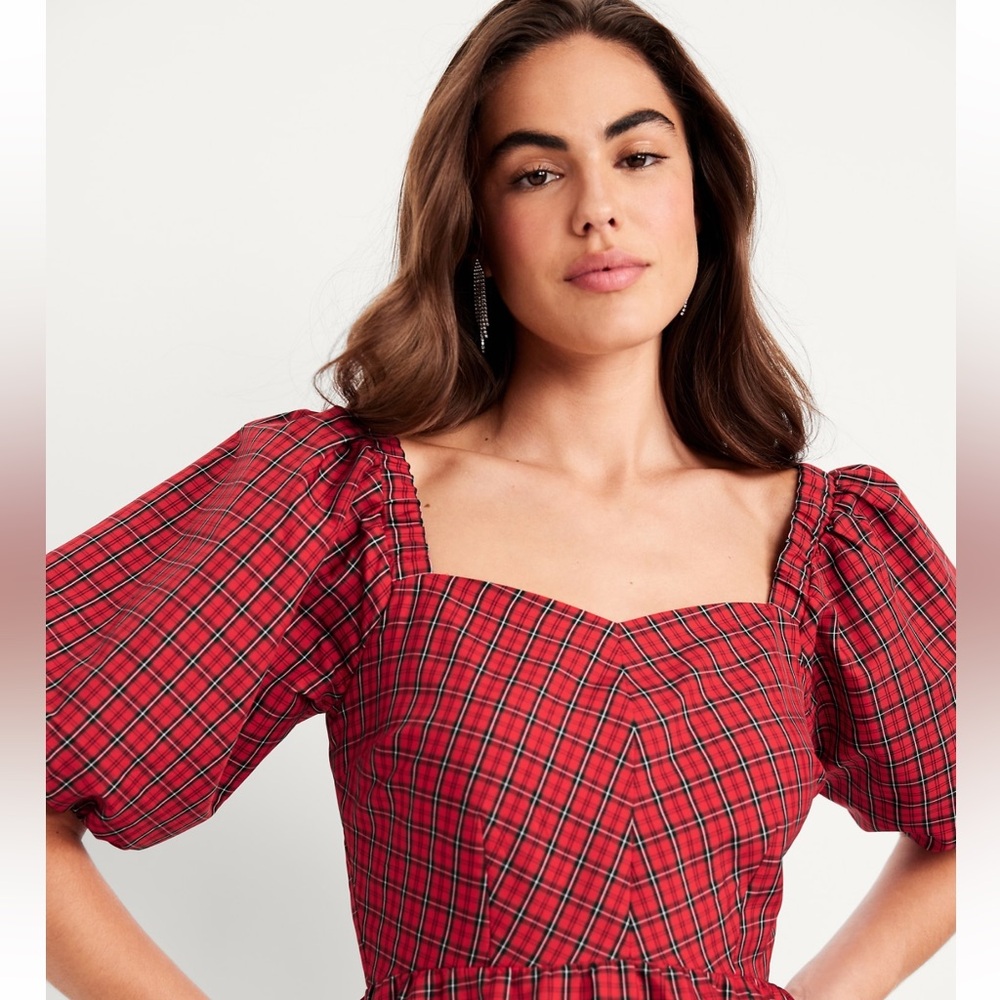 Old Navy Red Plaid Fit Flair Puff Sleeve Dress - Picture 2 of 6